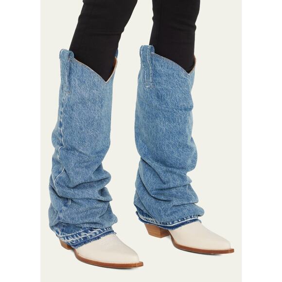 R13 Mid Cowboy Boots with Denim Sleeve Shaft Indigo Blue Ivory Size 38 NIB $1395 - Picture 14 of 16